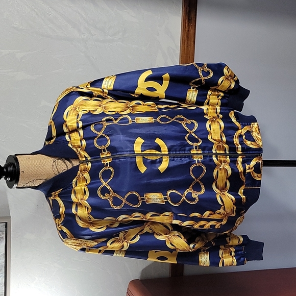 Chanel silk bomber style logo jacket 26" pit to pit 24" long L/XL us